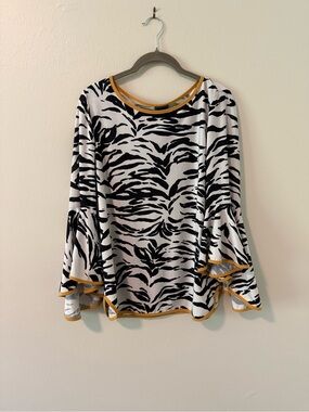 Coco Bianco Black & White Zebra Print Bell Sleeve Top - Mustard Trim - Med